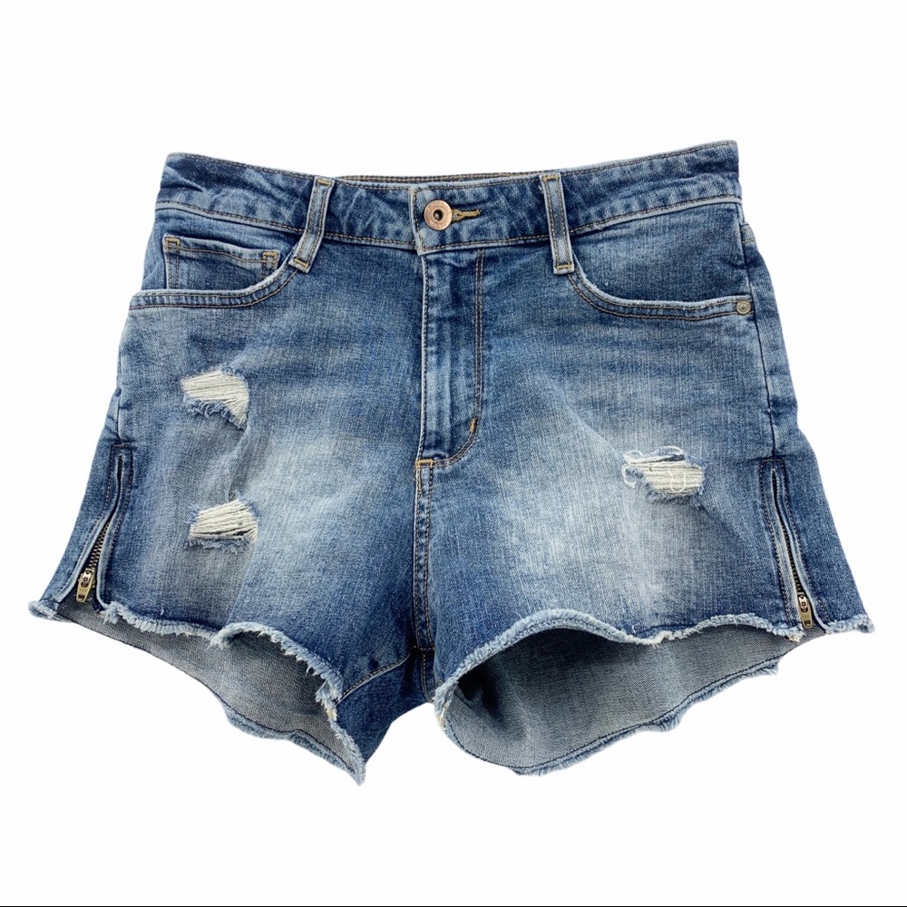High Rise Zipper Sides Distressed Denim Stretch Blue Jean Shorts by Arizona